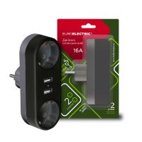 Мережевий двійник із заземленням Euroelectric X2 16 A 2 х USB чорний
