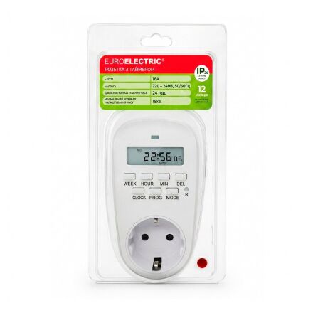 Таймер-розетка Euroelectric (16A/3600W), електронний, тижневий White